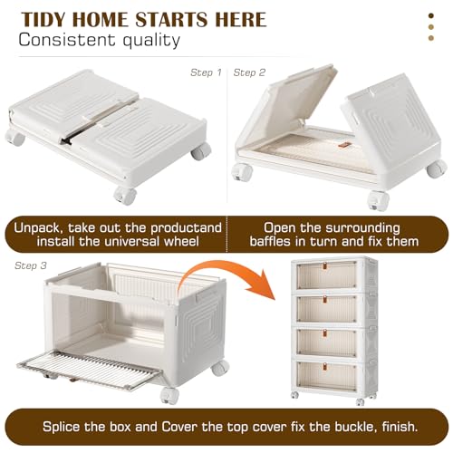 YFXCVSL 4 Tier Plastic Storage Bins with Lid 36QT, Stackable Storage Bins | Plastic Storage Bins with Wheels, Folding Storage Boxes, Organizers and Storage for Living Room,Office,Dorm - size: 4-Tier 36QT