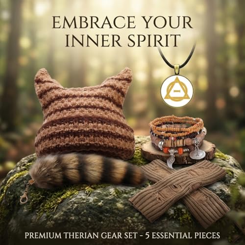 Therian Therian Stuff Gear Set 5 Pcs – Y2K Grunge Accessories Kit with Therian Necklace,Beanie, Tail, Arm,Bracelets