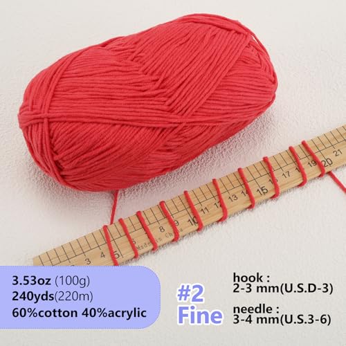 LUCKY BALL Milk Cotton Yarn, 100g / 240 yd 60% Cotton 40% Acrylic #2 Fine Sport Yarn, Soft Crochet & Knitting Yarn for Amigurumi Dolls, Baby Items, Flowers, Hats, Sweaters, Blankets (Rouge) - color: 05-MC01
