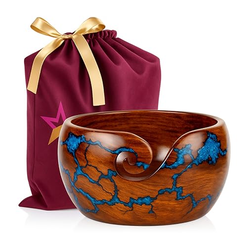 Wooden Yarn Bowl for Crocheting, 7x4 inch Large Rosewood Crochet Holder Gift Accessories and Knitting Gadgets Supplies Handcrafted with Fractal Wood Burning & Blue Resin Inlay ( Blue 7x4 ) - color: Blue