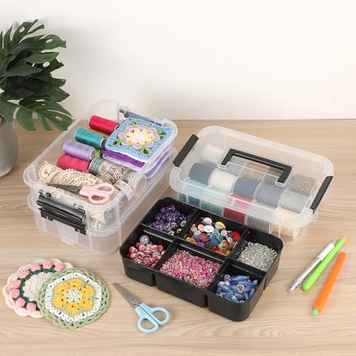 JUXYES 3-Tiers Plastic Stack Carry Storage Containers Box wih Handle Lids | 2 Pack Clear Stackable Craft Organizers and Storage Bin with Tray for Organizing Stationery, Sewing, Art Craft, DIY Supplies - color: Black