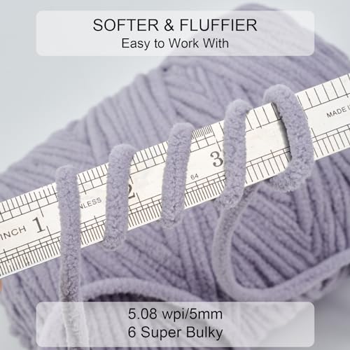 Chunky Chenille Yarn #6 Super Bulky Soft Fluffy Crochet | Easy care & beginner-friendly. Choose 0.66lb or 1.76lb. Perfect for blankets, hats, scarves, home decor. Machine washable. - color: Grey, size: 0.66LB/215yds