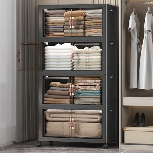 UAMFURI Stackable Storage Bins, 480QT Collapsible Drawers with 1 Lid | Large Capacity, Magnetic Door, Stack Lock, Rolling Wheels, Foldable Design, Organizers and Storage for Bedroom Dorm Garage - color: Dark-112QT, size: 4Pack with 1 top lid