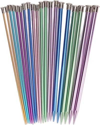 Aluminum Metal Knitting Needle Set 20PCS - 10 Size Straight Knitting Needles with Storage Bag - Colored Straight Single Pointed, 3.0-10mm 9.8inch Length for Knitting DIY and Crochet Enthusiasts