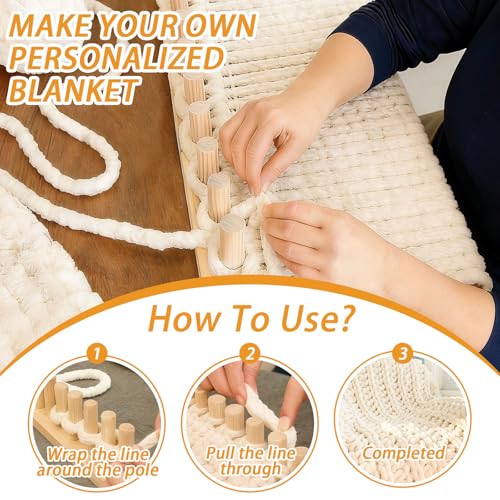 Yitexin 35.4" Chunky Blanket Loom Kit, Adjustable Size Wooden Yarn Hand Knitting Loom, Foldable Chunky Blanket Peg Board with Assembly Accessory for Beginner Yarn Craft Home Decor (Beige)