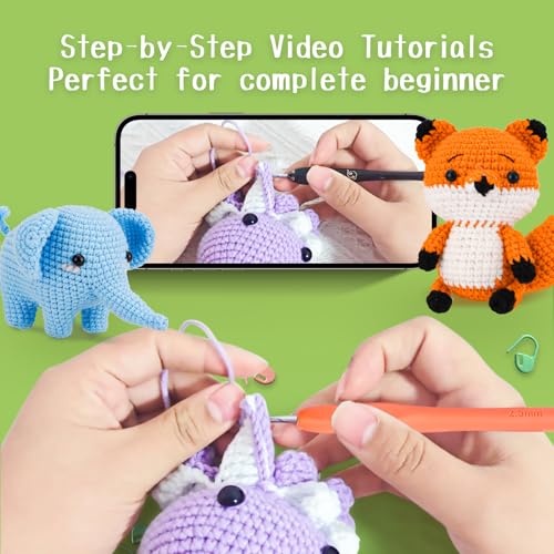 Gerute Crochet Kit for Beginners, 6 PCS Amigurumi Animal Family Starter Kit with Step-by-Step Video Tutorials & Illustrated Guide, 40% Extra Yarn, DIY Family Craft Gifts for Adults & Kids - color: 6pcs-fox