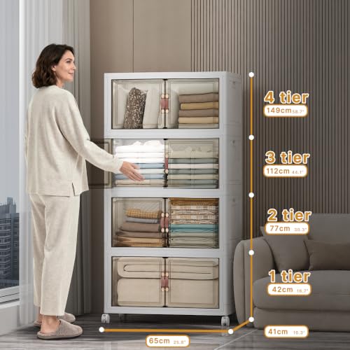UAMFURI Stackable Storage Bins, 896QT Collapsible Drawers with 2 Lids | Large Capacity, Magnetic Door, Stack Lock, Rolling Wheels, Foldable Design, Organizers and Storage for Bedroom Dorm Garage - color: White-112qt, size: 8Pack with 2 top lids