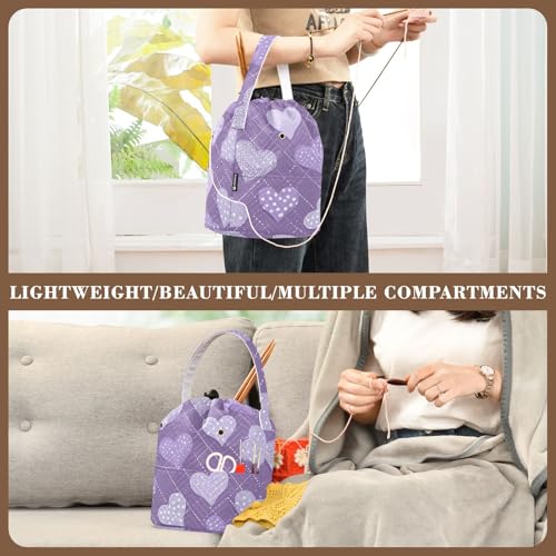 Tatenale Crochet Bag Yarn Bag Knitting Project Bag with Pockets and Handle Portable Yarn Storage Organizer Tangle Free 8.3x11 Inch Lavender Romantic Hearts Valentines Gifts - color: Lavender Romantic Hearts Valentines