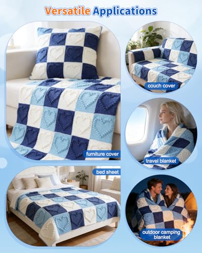 Coopay Crochet Kit for Beginners, 3D Heart Granny Square Blanket Kit, Set B | Complete Bobble Stitch Crochet Blanket Kit with Video Tutorial, Easy DIY Crochet Kit for Adults, Ideal Crochet Gift - color: Blue/White Heart-Shaped