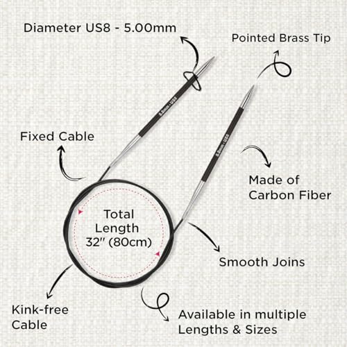 KnitPro Karbonz Fixed Circular Needle 32"(80cm) | US Size 8 (5mm) - size: US 8 (5mm)