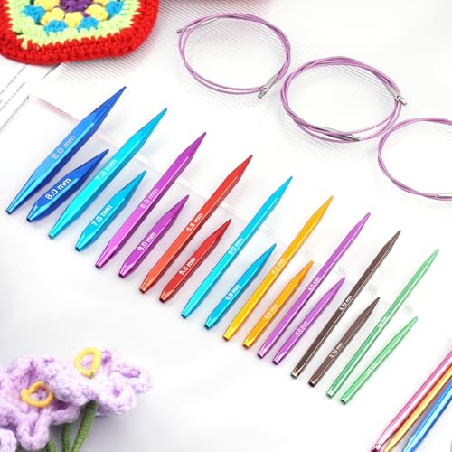 Hobekoee Short Interchangeable Knitting Needles Set | 9 Pairs Square Circular Knitting Needles with Case ,Cubic Metal Knitting Needle,3.5mm-8.0mm - color: Red