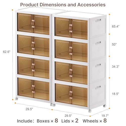 UAMFURI Stackable Storage Bins, 1440QT Collapsible Drawers with 2 Lids | Large Capacity, Magnetic Door, Stack Lock, Rolling Wheels, Foldable Design, Organizers and Storage for Bedroom Dorm Garage - color: White-175QT, size: 8Pack with 2 top lids