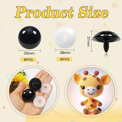 TOAOB 8pcs 35mm Large Safety Eyes for Amigurumis Black Plastic Crafts Doll Eye with Washers for DIY Crochet Stuffed Animals Doll Making Supplies - color: Black, size: 35mm