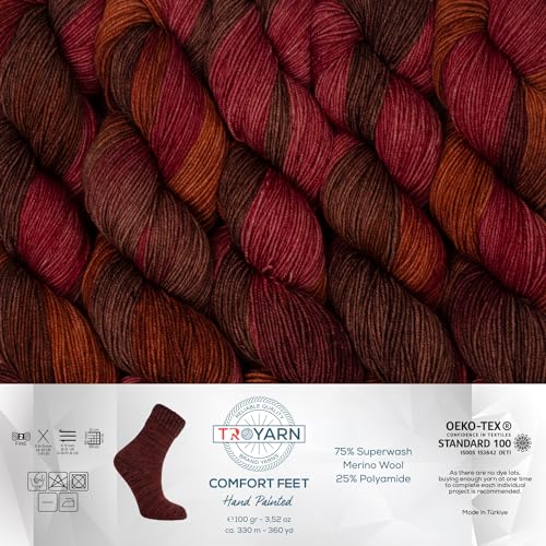 Troyarn Comfort Feet (2- Skeins Pack) Hand Painted Yarn 75% Superwash Merino Wool and 25% Polyamide (Fine/Sport 2 Weight) / (2 x 3.52 Oz - 2 x 100 gr) / (2x360 Yard-2x330 mt)(11268 - Spice Route) - color: 11268, size: 2 Skein