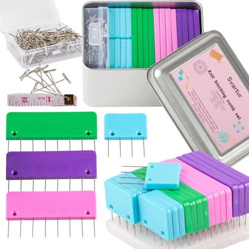 Crochet Blocking Pin Kit, with 20 Knit Blocking Combs &100 T-Pins and Tin Case, Rainbow Knitting Block Pins for Blocking Mats, Multicolor, White - size: Multicolor, 1 Pack