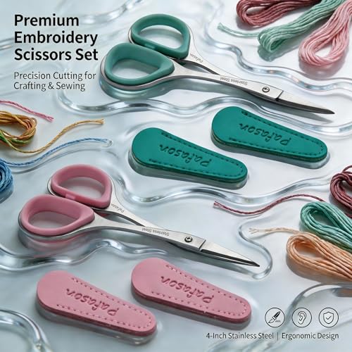 PAFASON Small Travel Sewing Embroidery Scissors Set Curve Straight Tip | Stainless Steel for Quilting Knitting Crafting Cross Stitch Crochet Thread Yarn Paper Detail Cutting Soft Rubber Handle - color: Green+pink