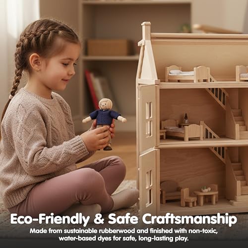 PlanToys® Mother Dollhouse Figurine Wooden Poseable 1:12 Scale 5-Inch Doll | mom character, doll house people accessories, bendable arms, girls pretend play, montessori storytelling role gift ages 3+ - color: Caucasian Dad
