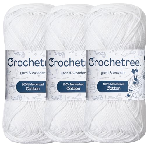 Premium Mercerized Cotton Yarn for Crochet & Knitting – Fingering Weight 4-Ply, 50g (1.76 oz) / 125 m (136 yds), High-Gloss, Anti-Splitting, Fade-Resistant Cotton, Bright White (Pack of 3) - color: Bright White