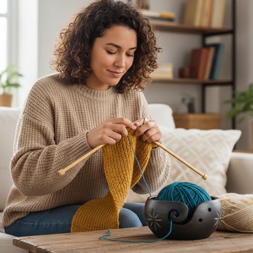 Handmade Wooden Yarn Bowl for Knitting & Crochet – Hand-Carved Yarn Holder with Swirl Cut & Anti-Slip Base | Portable Craft Organizer for Knitters & Crafters | Durable Natural Wood Storage Gift - color: Purple, size: 6" x 6" x 3"