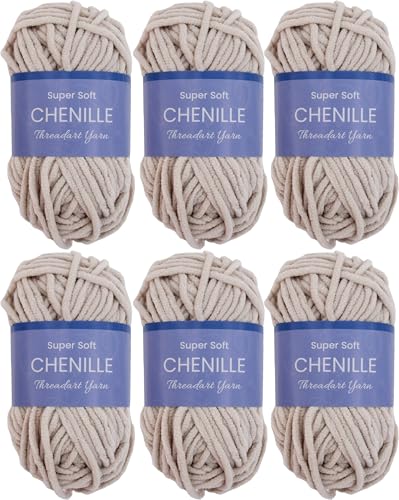 ThreadArt 6 Pack Chenille Yarn for Crochet, #5, Natural 03 | Super soft plush chenille yarn for crochet, knitting, amigurumi, blankets and toys. Fluffy #5 weight, 50g/60yd skeins. - color: NATURAL, size: 6 PACK