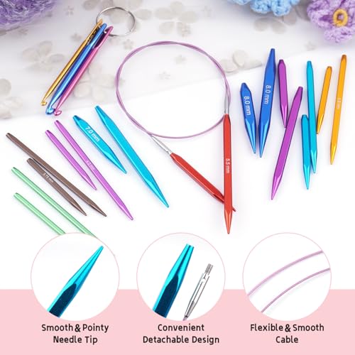 Hobekoee Short Interchangeable Knitting Needles Set | 9 Pairs Square Circular Knitting Needles with Case ,Cubic Metal Knitting Needle,3.5mm-8.0mm - color: Red