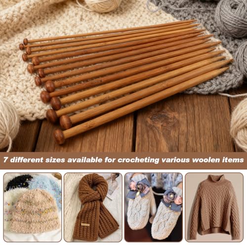 7 Pairs Bamboo Knitting Needles Set, Long Wooden Knitting Needle, Single Point Straight Wood Needles, Wooden Knittings Needle for Making Sweater, Shawl, Scarf