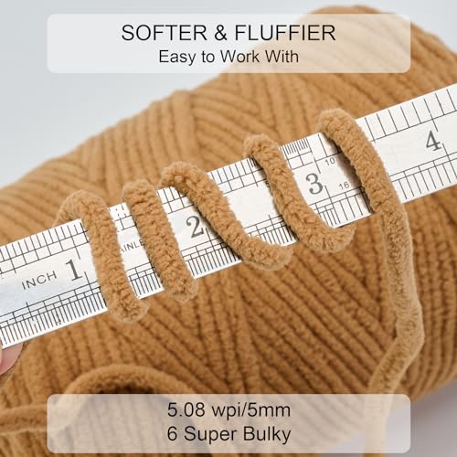 Chunky Chenille Yarn #6 Super Bulky Soft Fluffy Crochet | Easy care & beginner-friendly. Choose 0.66lb or 1.76lb. Perfect for blankets, hats, scarves, home decor. Machine washable. - color: Brown, size: 0.66LB/215yds