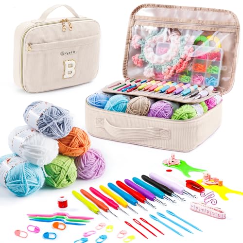 MYBAGZING Initial Crochet Kit for Beginners with Yarn Storage Bag, 10pcs Crochet Hooks 2.0-6.0 mm, 10 Skeins Yarn for Crocheting, Knitting Accessories, 58pc Crochet Starter Kit for Adults - size: B