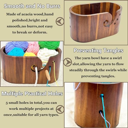 Large Yarn Bowl for Crocheting (11.8'' x 6.1'' x 5.9'') | Acacia Wooden Yarn Bowl Oval Knitting Yarn Bowl Swirl Design-yarn holder bowl Gift for Knitters & Crocheters