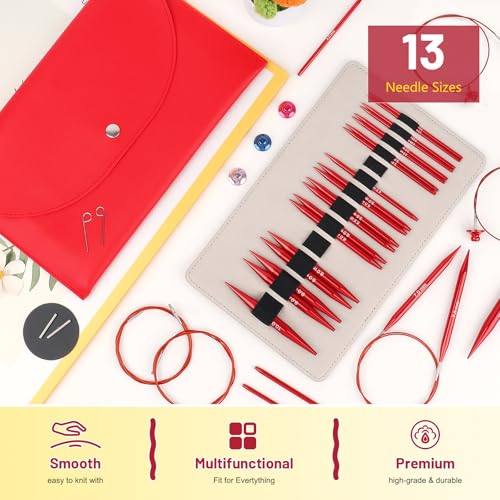 Aeelike 13 Pairs Interchangeable Knitting Needles Set 3-10.0mm, Cherry Red | Aluminum Interchangeable Knitting Needles with 4 Cables, Smooth Complete Needles Set for Socks Blankets Sweaters, Ideal Gift - color: Cherry Red