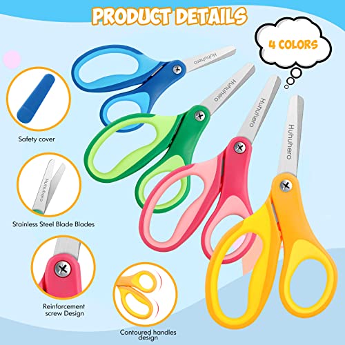 Huhuhero 5" Kids Scissors, Small Safety Toddler Blunt Tip Scissors, 4 Pack | Right & Left Handed, Premium Stainless Steel Blades, Soft Grip Handle, Scissors Set for Child Kids Classroom Craft Cutting