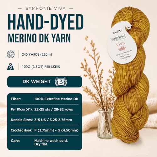 KnitPro Symfonie DK Weight Merino Wool Yarn 240yds, 100g, Gold Leaf | 100% Extrafine Merino, Hand Dyed, OEKO-TEX Certified, Superwash, Colorfast, #3 Yarn Skein for Knitting & Crochet - color: Gold Leaf