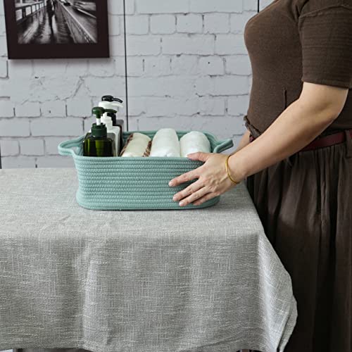XUANGUO Medium Woven Cotton Rope Storage Basket with Handles, Light Green | Small decorative rectangle storage bin for baby nursery items and cat toys; ideal as an empty gift basket or dog toy basket - color: light green
