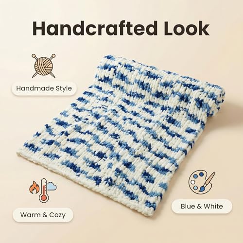 Chunky Knit Throw Blanket for Couch 50"x60", Space-Dyed Blue Striped | Handmade Chenille Crochet Throw for Sofa Bed, Thick Cable Knitted Blankets for Room Home Decor, Birthday Gift for Women - color: Blue/White Stripe, size: 50"x60"
