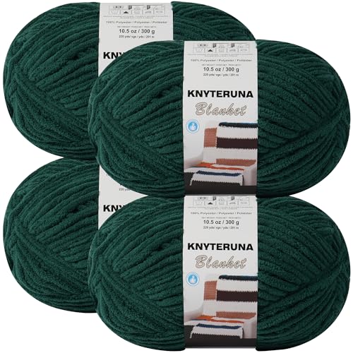#6 Super Bulky Blanket Yarn for Crocheting - 4 Skeins(Each 10.5oz/300g, 220yds/201m), Chunky Chenille Thick Plush Big Soft Yarn for Crocheting Knitting Blankets, Forest Green - color: Forest Green