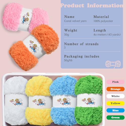 6 PCS Soft Coral Velvet Chenille Yarn for Crocheting,Fluffy Yarn for Knitting and Crochet DIY Craft,Warm Crochet for Bag Hat Scarve Gloves Slippers Dolls MulticolorA - color: multicolorA