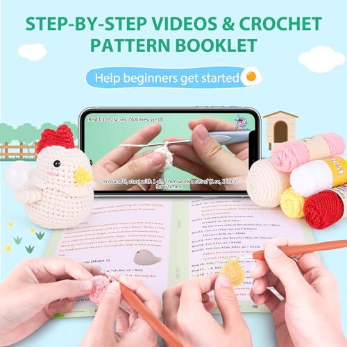 Crochetta Crochet Kit for Beginners, Squeeze Bubble Amigurumi Crocheting Kits w Step-by-Step Video Tutorials, Knitting Starter Supplies for Adults Kids, Anxiety Relief Bubble Chicken (40%+ Yarn) - color: PPJ