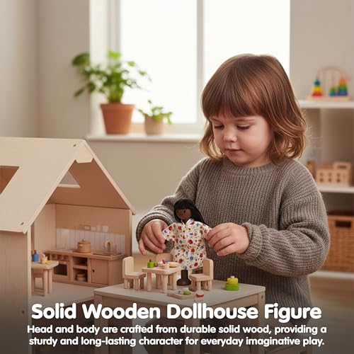 PlanToys® Mother Poseable Wooden Dollhouse Figurine 1:12 Scale 5-Inch Doll | mom character, doll house people accessories, bendable arms, kids pretend play, girls montessori learning gift 3+ for boys - color: African American Mom