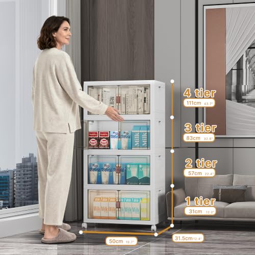 UAMFURI Stackable Storage Bins with Lid, 208QT Plastic Cabinet with Wheels | Large Capacity, Magnetic Door, Stack Lock, Rolling Wheels, Foldable Design, Organizers and Storage for Bedroom Dorm Garage - color: White-52qt, size: 4Pack with 1 top lid