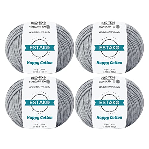 Estako Happy Cotton 60% Cotton 40% Acrylic Yarn, Sport 2, Grey, 4-Pack | soft, fine, 200 g, 720 yds, baby clothes, amigurumi, 2-3 mm hook, summer tops, hats, blankets - color: 4120 - Grey, size: 4 Skeins