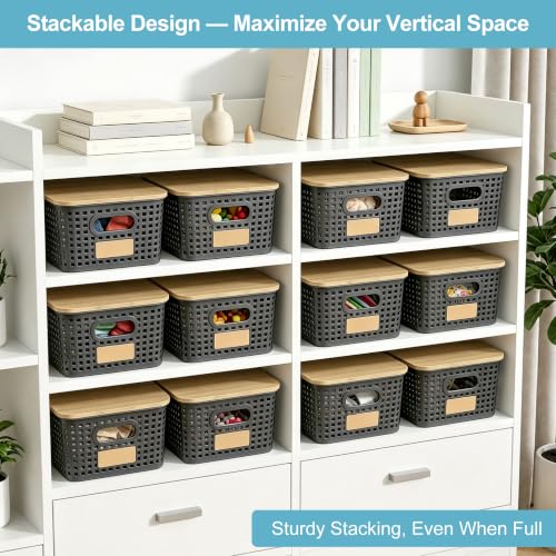 Bagnizer Small Plastic Storage Bins with Bamboo Lids 5.2qt Stackable Box Basket Pantry Decorative Containers Cute with Lable for Organizing Desktop Closet Office Gray of 6 packs 10 * 7.2 * 4.1" - color: Gray, size: Small- 6 Pack