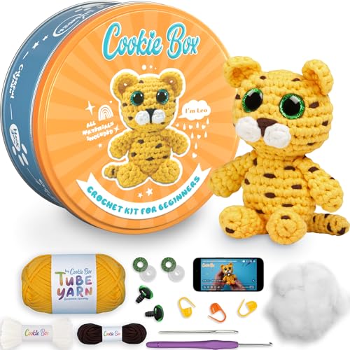 Cookie Box Crochet Kit for Beginners, Leopard Leo | All Materials Included, Step-by-Step Video Tutorials, PDF Patterns, Easy DIY Craft, Amigurumi and Knitting Gift Set - color: Yellow