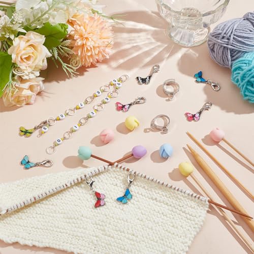 1Set DIY Knitting Tool Sets, Including Butterfly Themed Locking Stitch Markers, Counter Chains, Flower Shaped Knitting Needle Stoppers and Yarn Guide Finger Holder for Handmade Weaving, 10.43inch