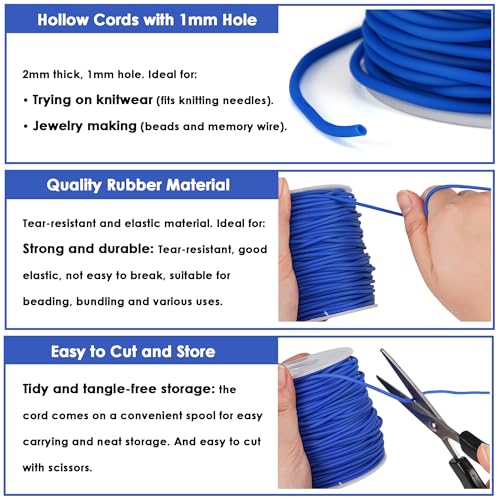 Hollow Rubber Tube 54 Yards 2mm Marine Blue Stitch Keeper with 1mm Hole | Tubing Knitting Barber Cord Rubber Pipe with Spool for Knitting Projects Jewelry Making and Bead Creations - color: Marine Blue