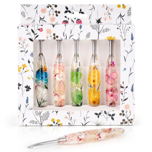 Katech 5 PCS Crochet Hook Set with Case (4.0mm, 5.0mm, 5.5mm, 6.0mm, 6.5mm) | Hand-Polished Stainless Steel Crochet Hooks with Dried Floral Grip, Ergonomic Crochet Hook for Arthritic Hands & Beginners - size: 5 Sizes(4.0-6.5mm)