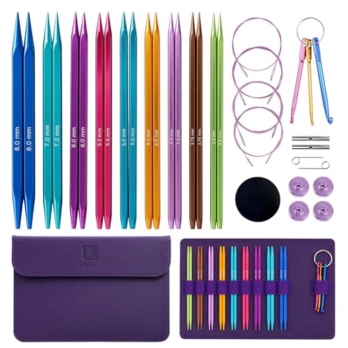 Yarniss 9 Pairs Square Circular Knitting Needles Set with Cable US 2.5~11 | 4.5" Aluminum Cubic Tips with 360°Rotating Cables & Storage Case,Interchangeable Knitting Needles Set with Case - color: Dark Purple