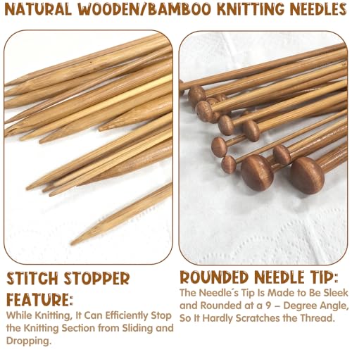 7 Pairs Bamboo Knitting Needles Set, Single Point Straight Wood Smooth Long Wooden Knitting Needles for Hats, Scarves, Blankets – Gift for Knitting Beginners/Enthusiasts - color: 36cm single needle