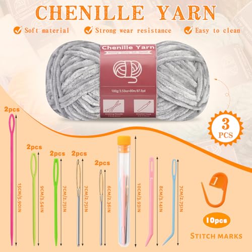 LUNARM Chenille Yarn 3 Pack 3.5oz Chunky Blanket Velvet Yarn 263 Yard | Light Grey Chunky Chenille Yarn for Beginners Crocheting Hand Knitting Scarves with Big Eye Needles Machine Washable - color: Light Grey