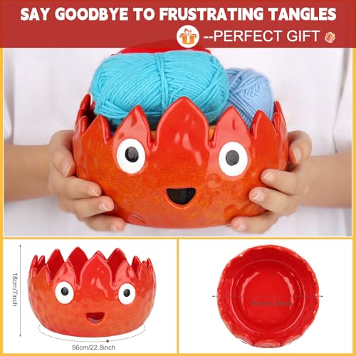 Katech Flame Yarn Bowl for Crocheting-Cute Handmade Ceramic Yarn Bowls | Crochet Bowls Knitting Bowls-Ideal & Unique Crochet Gifts for Crocheters Knitter - color: Red