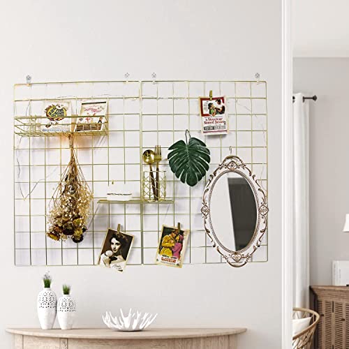 Grid Wire Board,for Memo Picture Panel Wall Decoration | for Room Office Mat Photo Hanging Art Display Frames Desk Storage Organizer,17.3" x 11.8"(2Pack) (Gold)